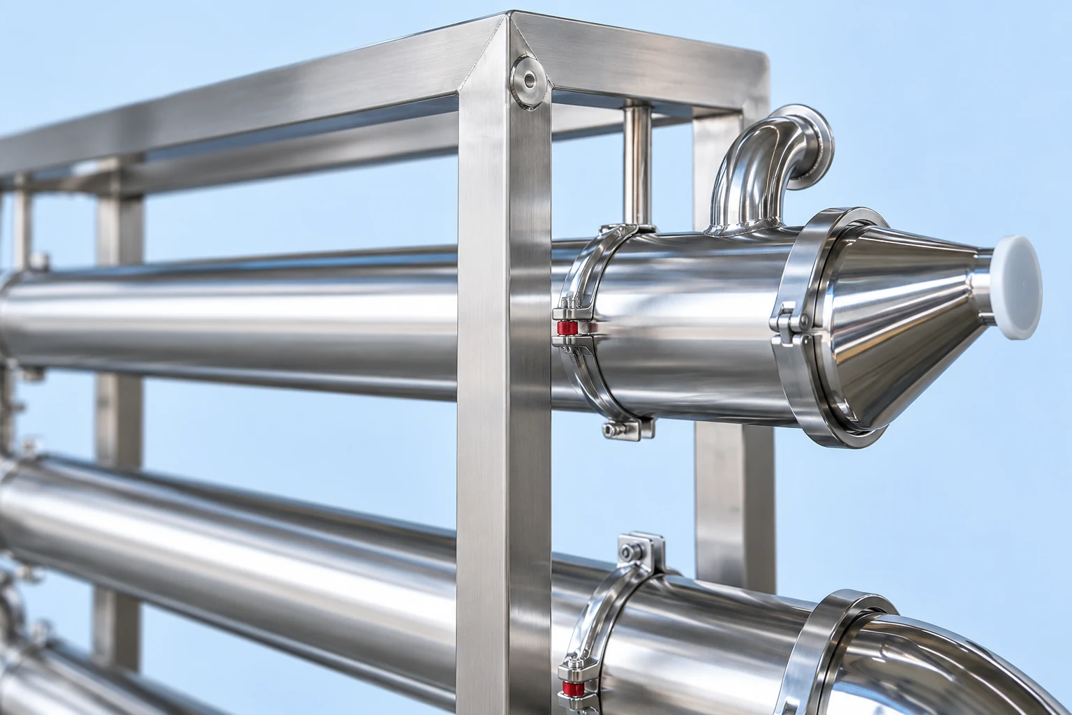 Close view of a sanitary tubular exchanger outlet fitting and frame