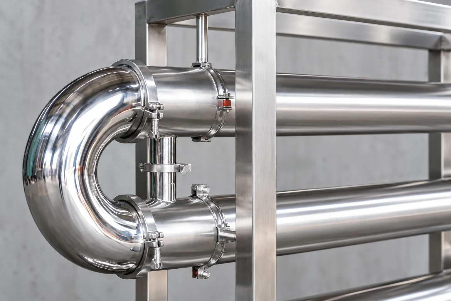 Close view of a sanitary exchanger return bend and straight tubes