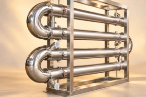 Curved return bends of a sanitary tubular exchanger in warm studio light
