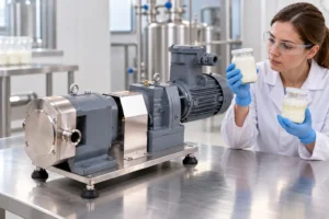 Rotary lobe pump beside samples for a product-integrity trial