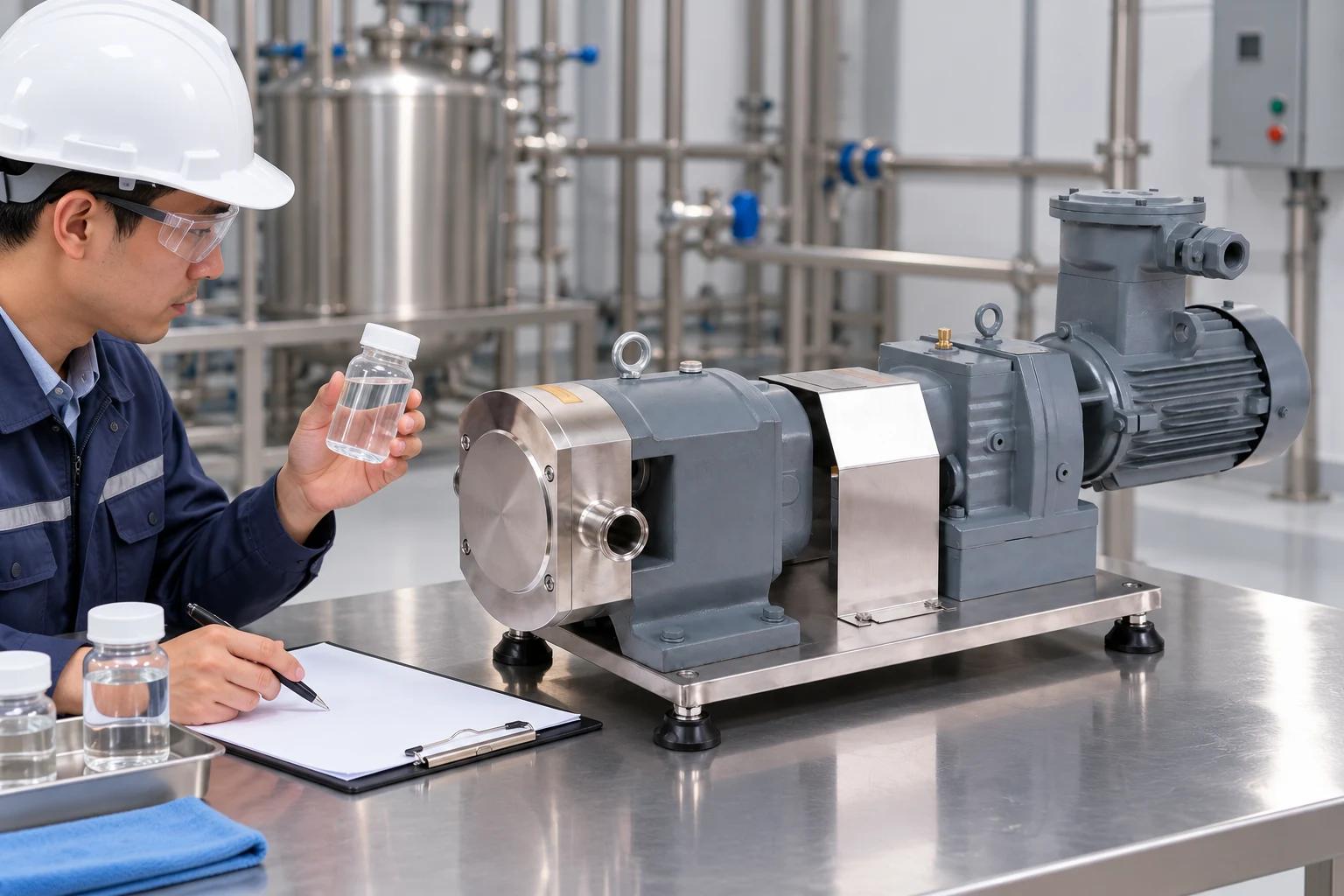 Recording observations beside a stationary rotary lobe pump