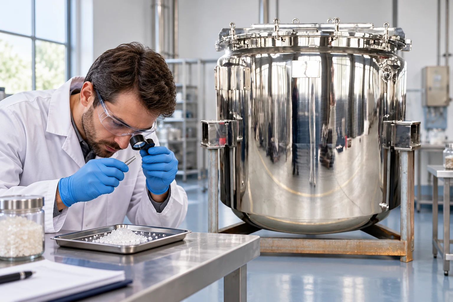 Inspecting a detached sugar-crystal sample on a separate bench