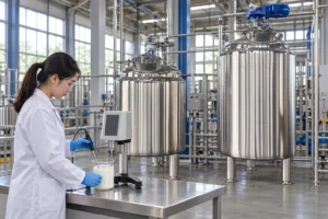 Mixing vessels beside a bench viscosity measurement setup
