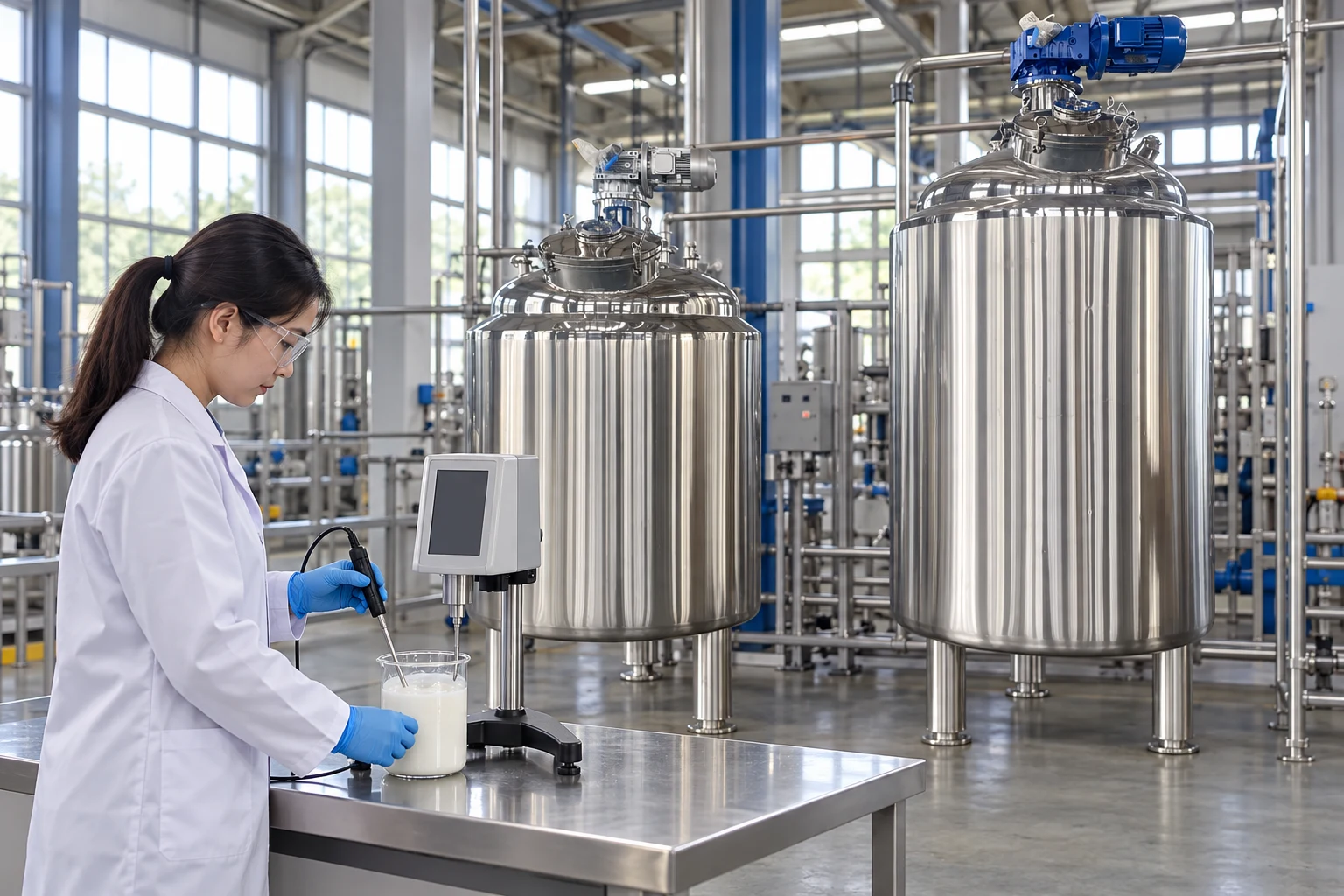Mixing vessels beside a bench viscosity measurement setup