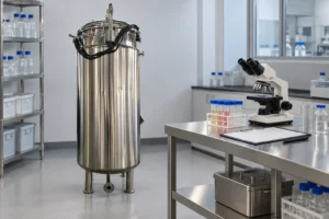 Fermenter beside retained samples and a microscopy bench