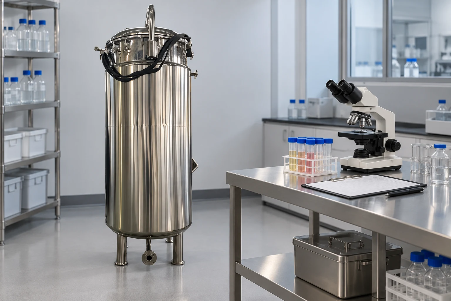 Fermenter beside retained samples and a microscopy bench