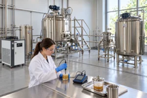 Saccharification equipment beside a cooled-mash pH check