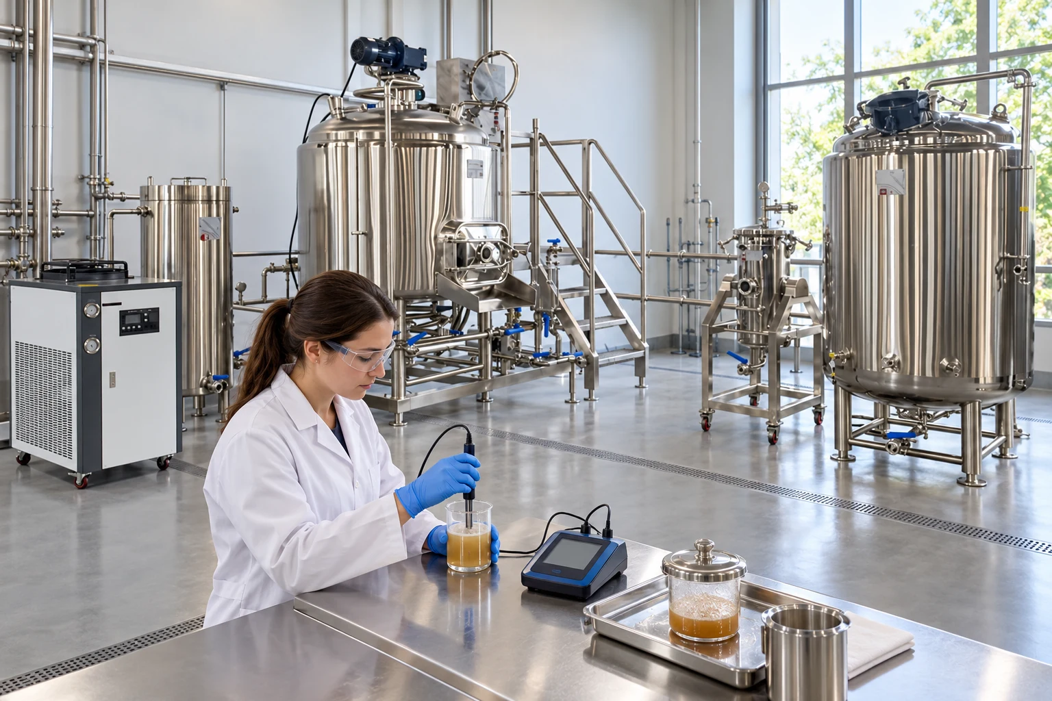 Saccharification equipment beside a cooled-mash pH check