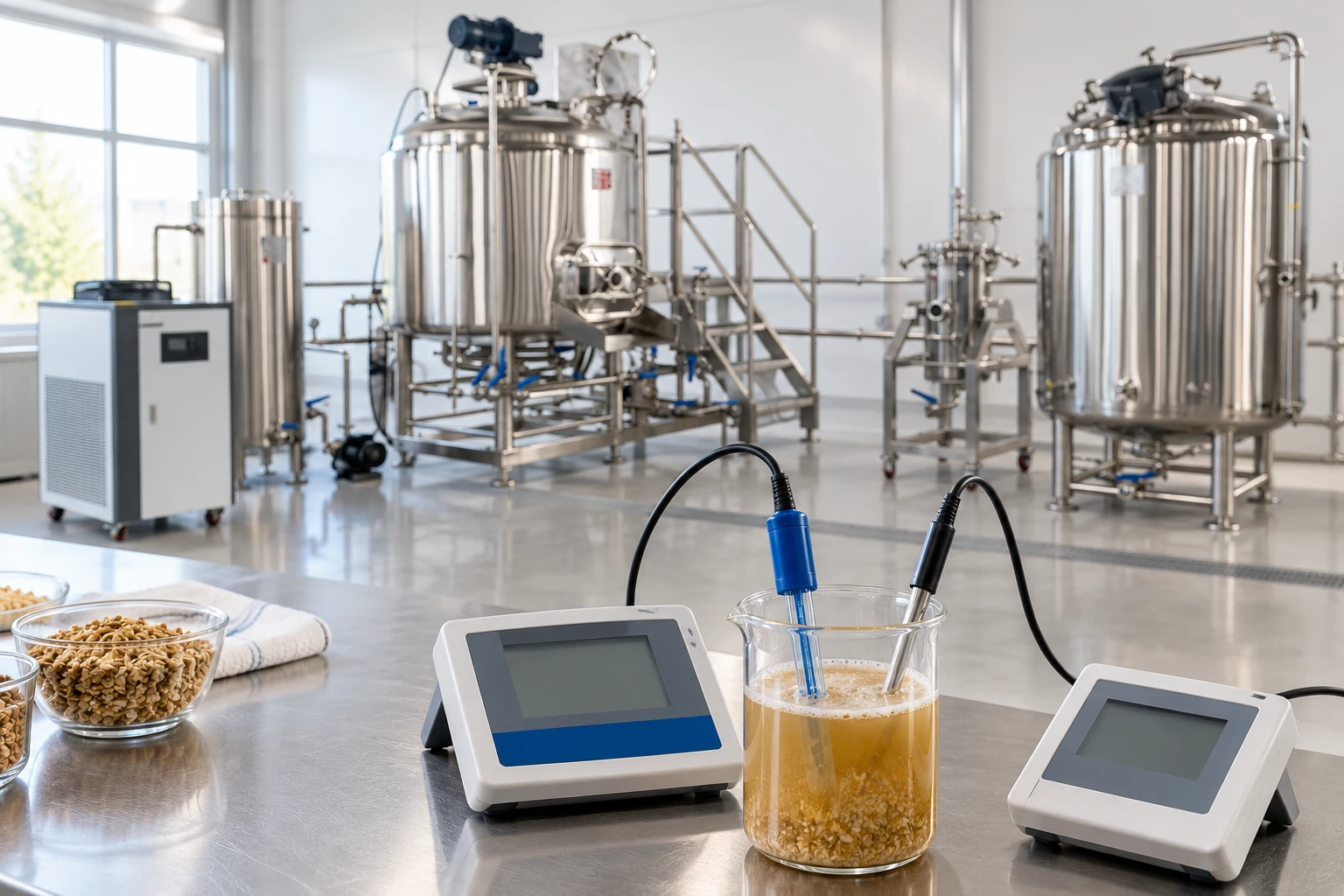 Separate pH and temperature probes in an illustrative mash sample