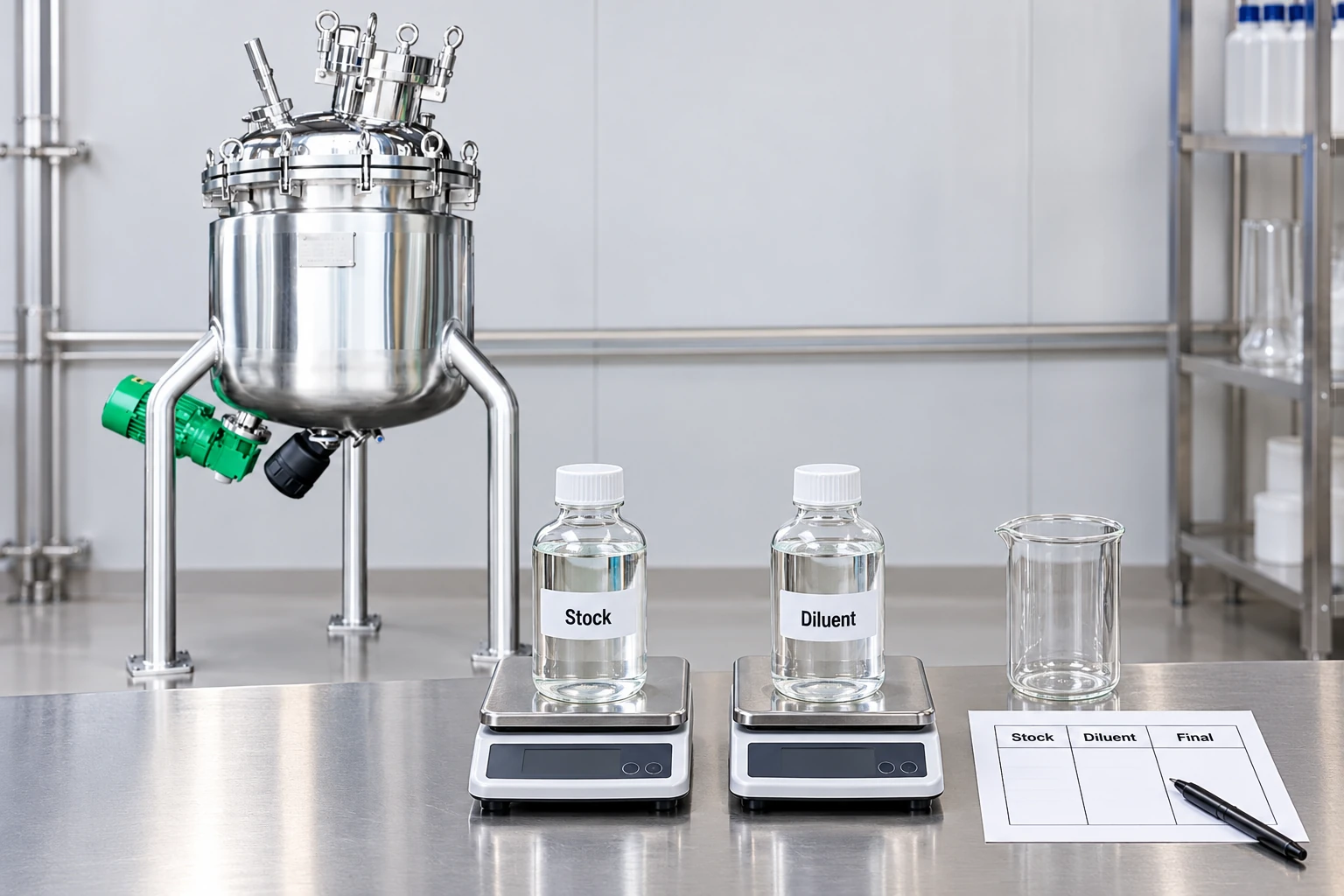 Keeping stock, diluent and final batch quantities separate Keeping stock, diluent and final batch quantities separate