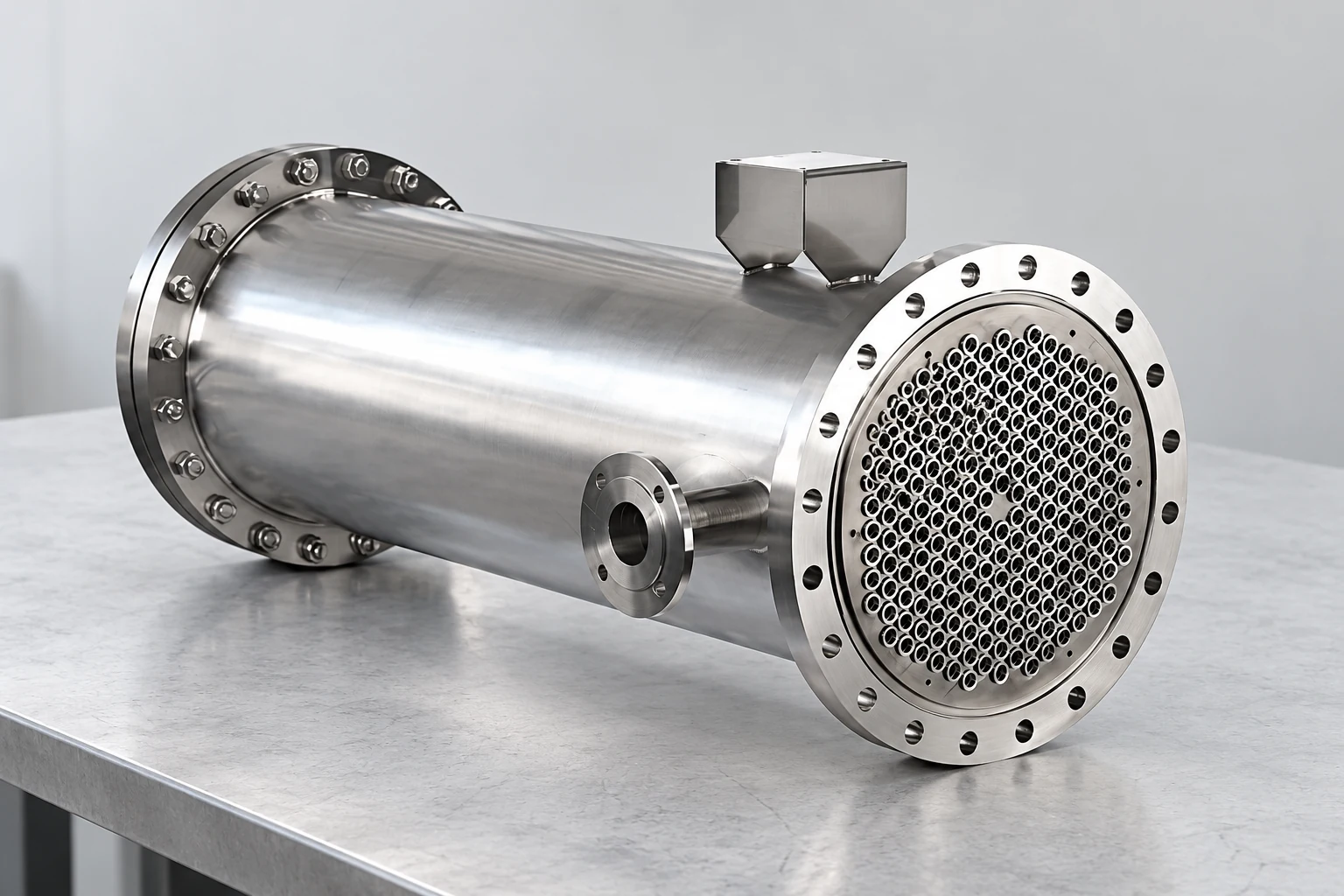 Exchanger shell and exposed tube sheet on a gray bench
