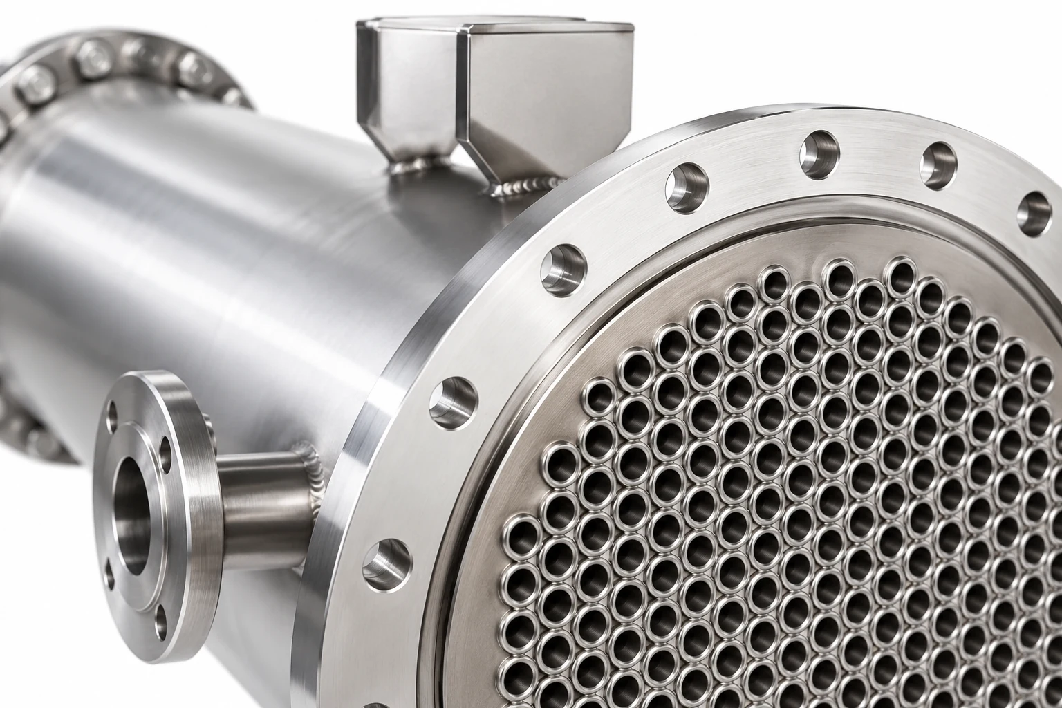 Close view of exchanger tube entrances and bolted flange
