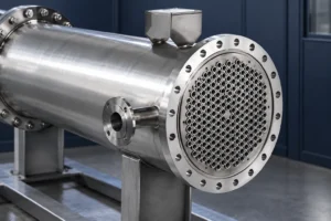 Exposed stainless steel exchanger tube sheet in a dark inspection room