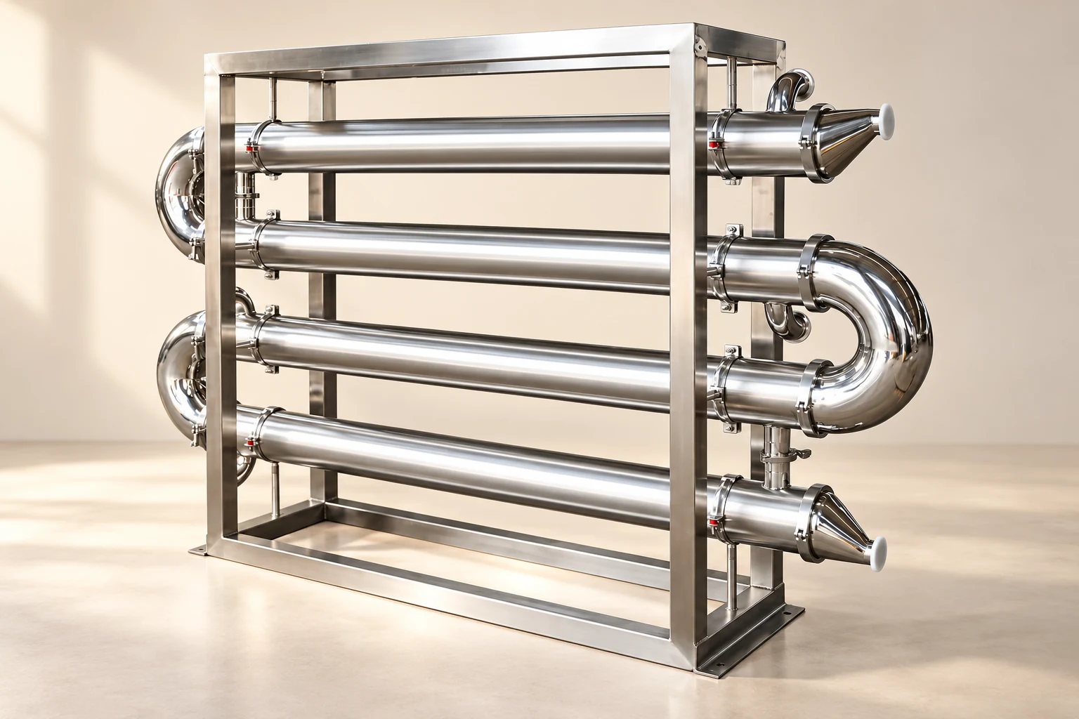 Sanitary tubular exchanger and support frame