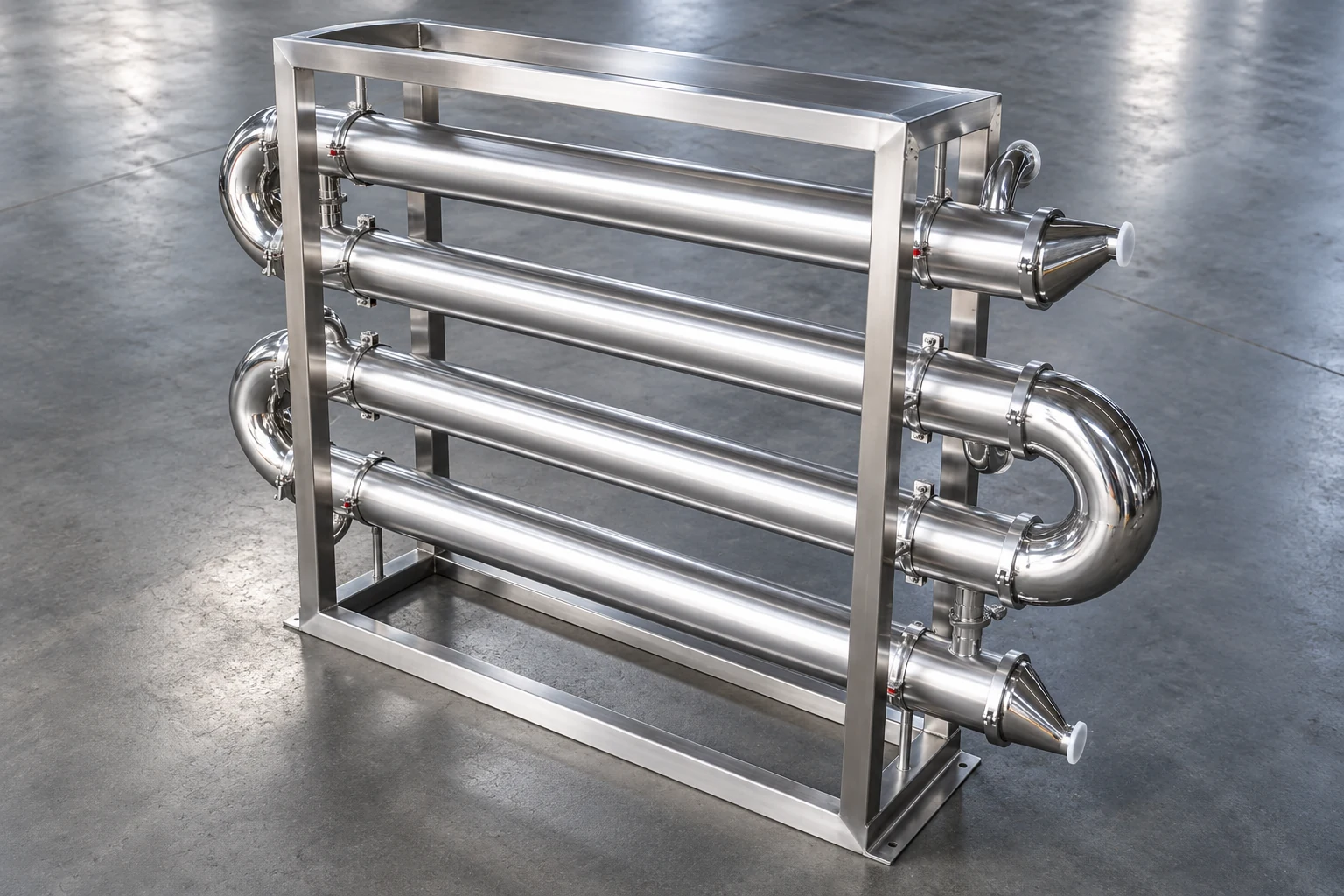 Sanitary multi-pass tubular exchanger rack viewed from above