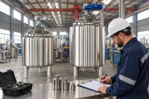 Mixing vessels beside a weighing verification planning bench