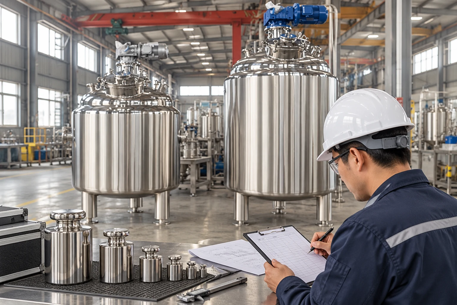 Reference weights and a blank calibration worksheet beside stationary vessels