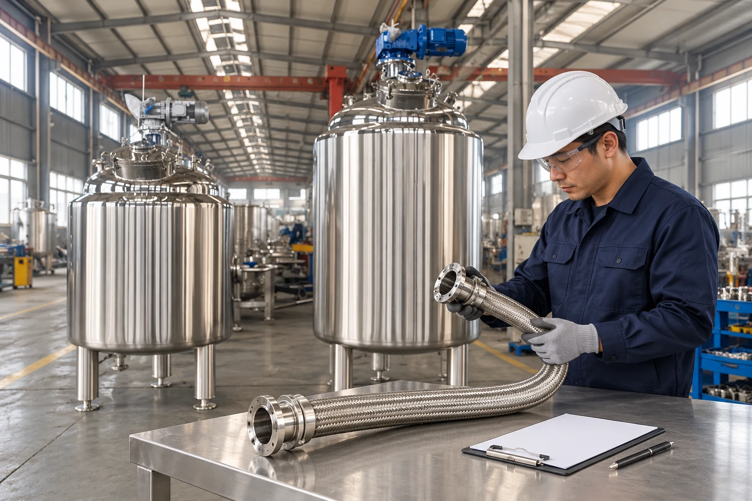 Detached flexible hose review beside mixing vessels