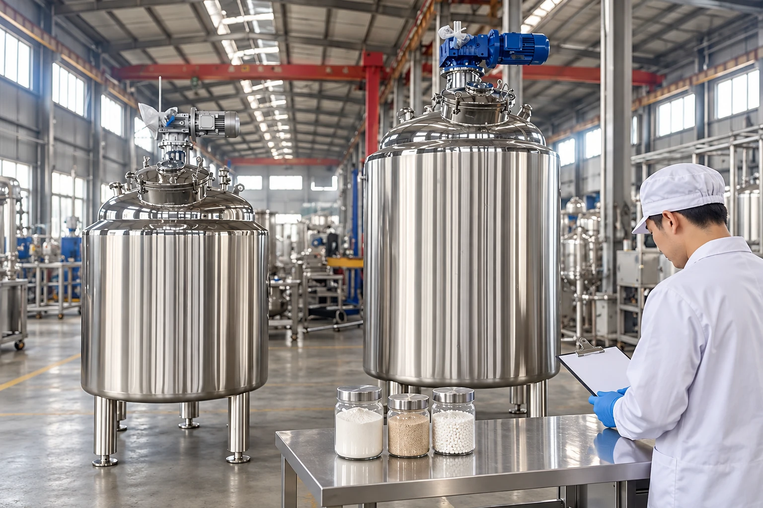 Stationary mixing vessels beside ingredient jars and a batch worksheet