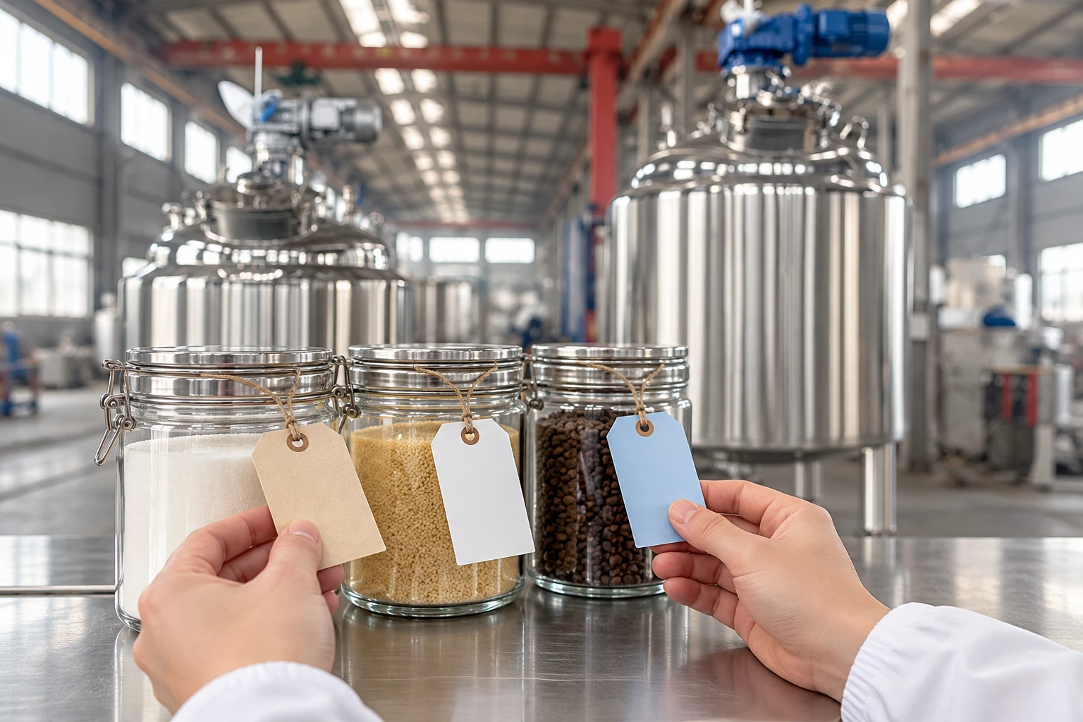 Plain ingredient lot tags on sealed jars beside mixing vessels