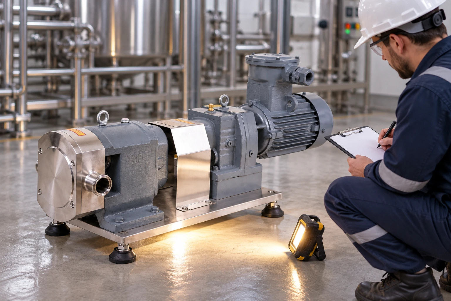 Closed rotor pump beside an inspector and service log