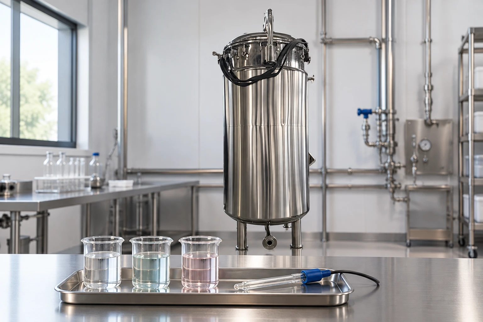 Buffer cups and electrode tray in front of the closed fermenter