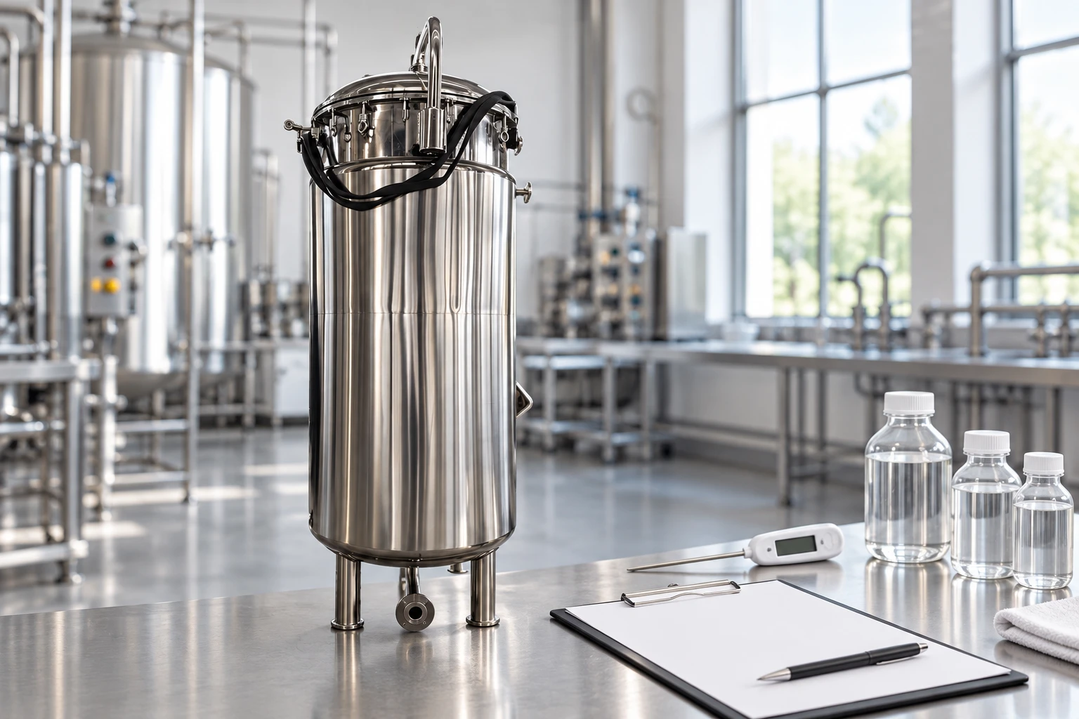 Fermenter beside buffer bottles and a blank calibration record