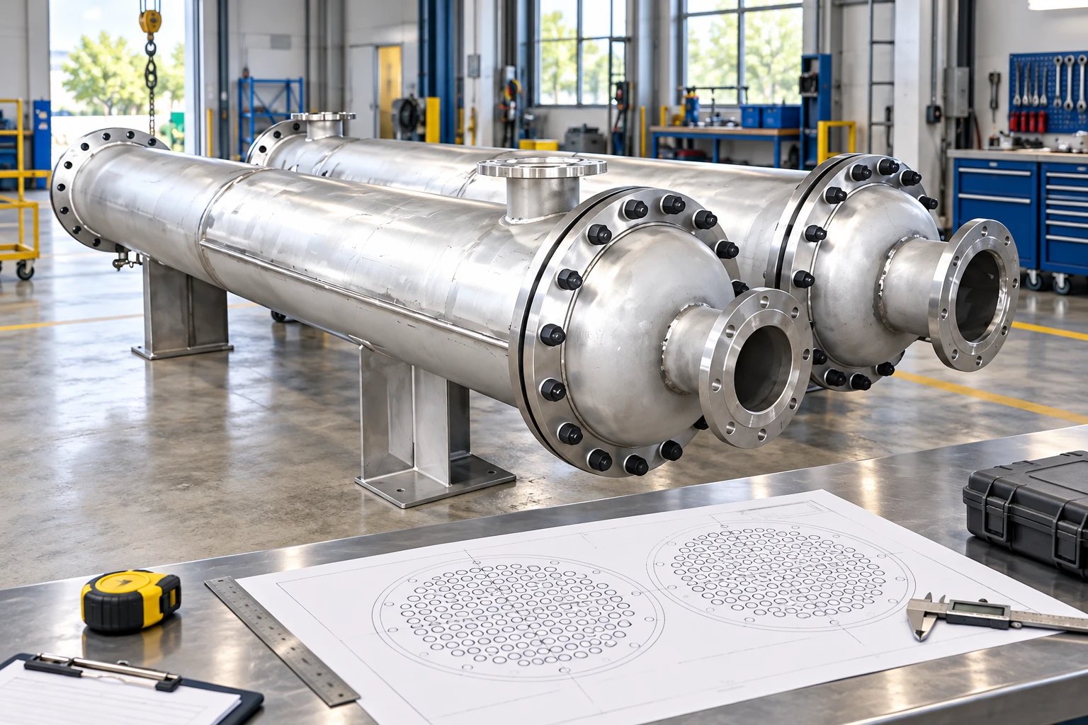 Closed horizontal heat exchangers beside a tube map review desk