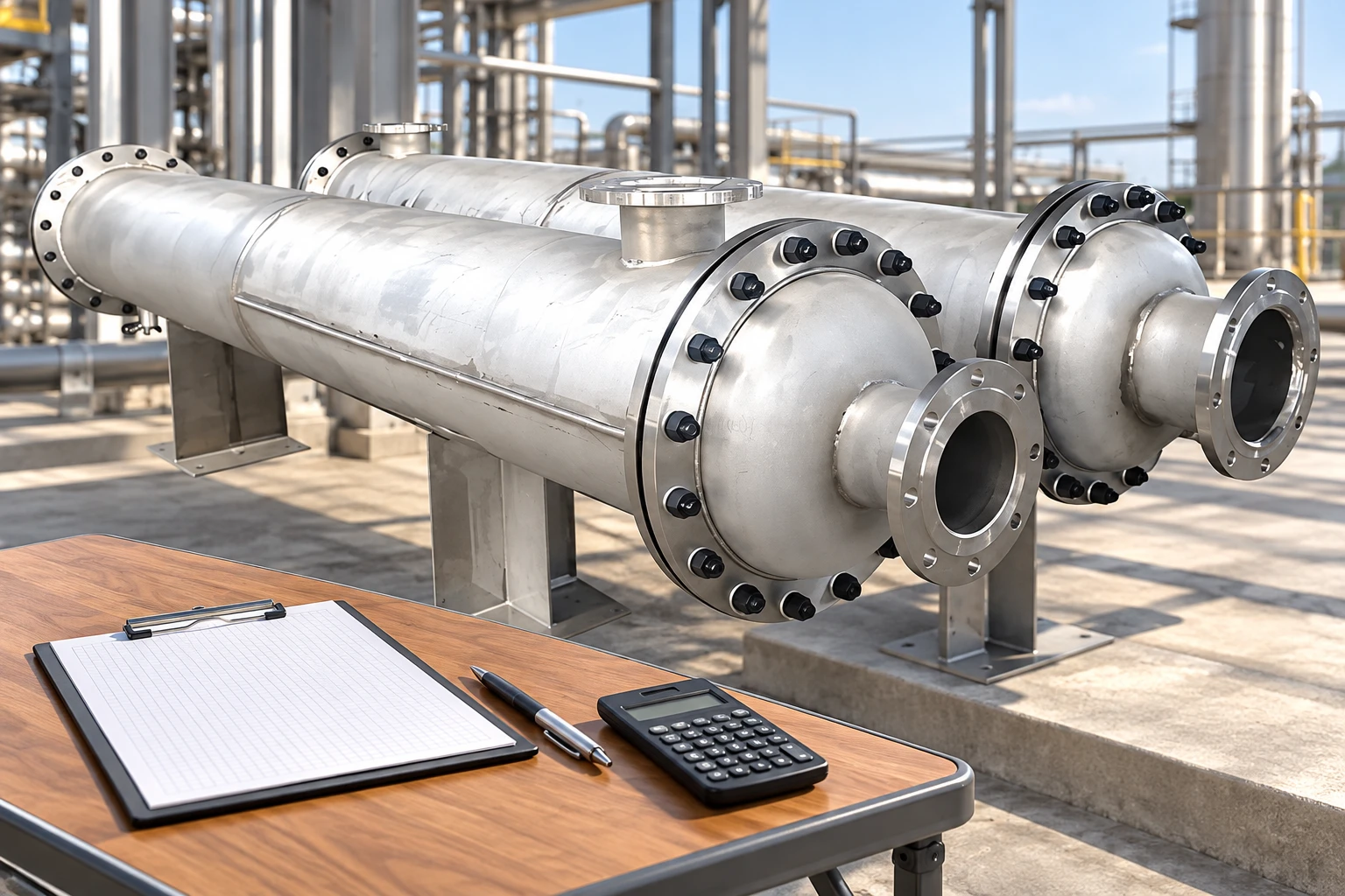 Closed reference exchangers beside a calculator and engineering records