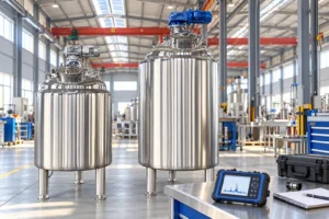 Two reference mixing vessels beside a separate vibration analyzer