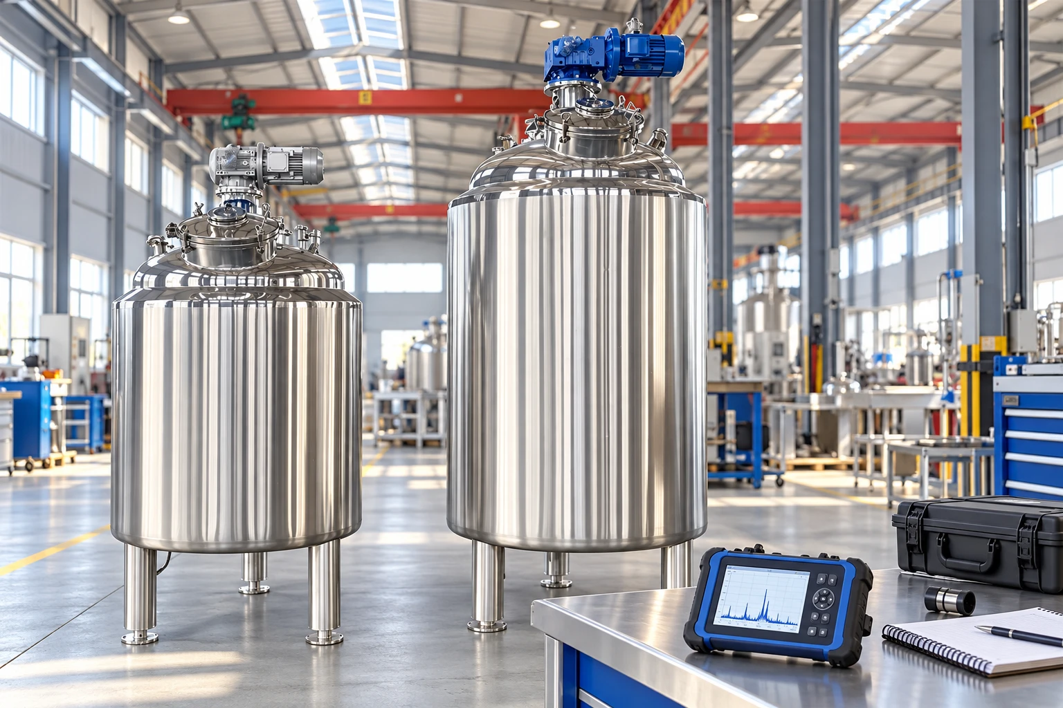 Two reference mixing vessels beside a separate vibration analyzer