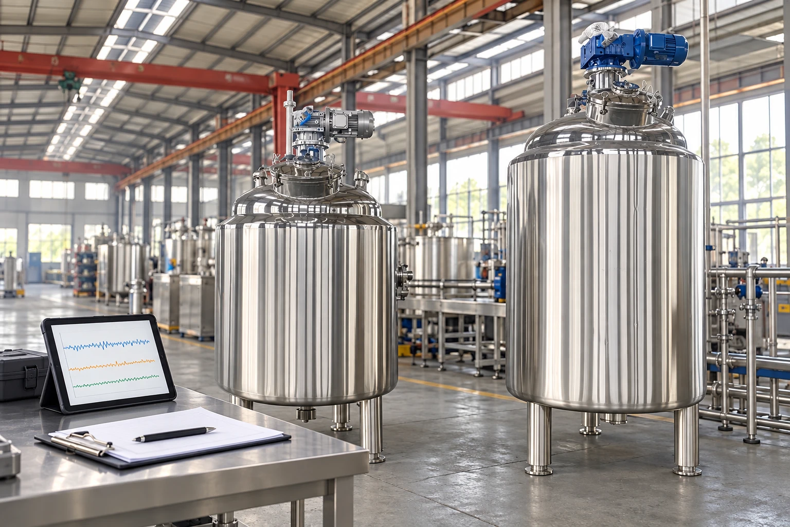 Mixing vessels beside a tablet and condition monitoring records