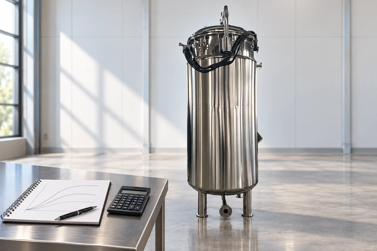 Reference fermenter beside a gas-balance notebook and calculator