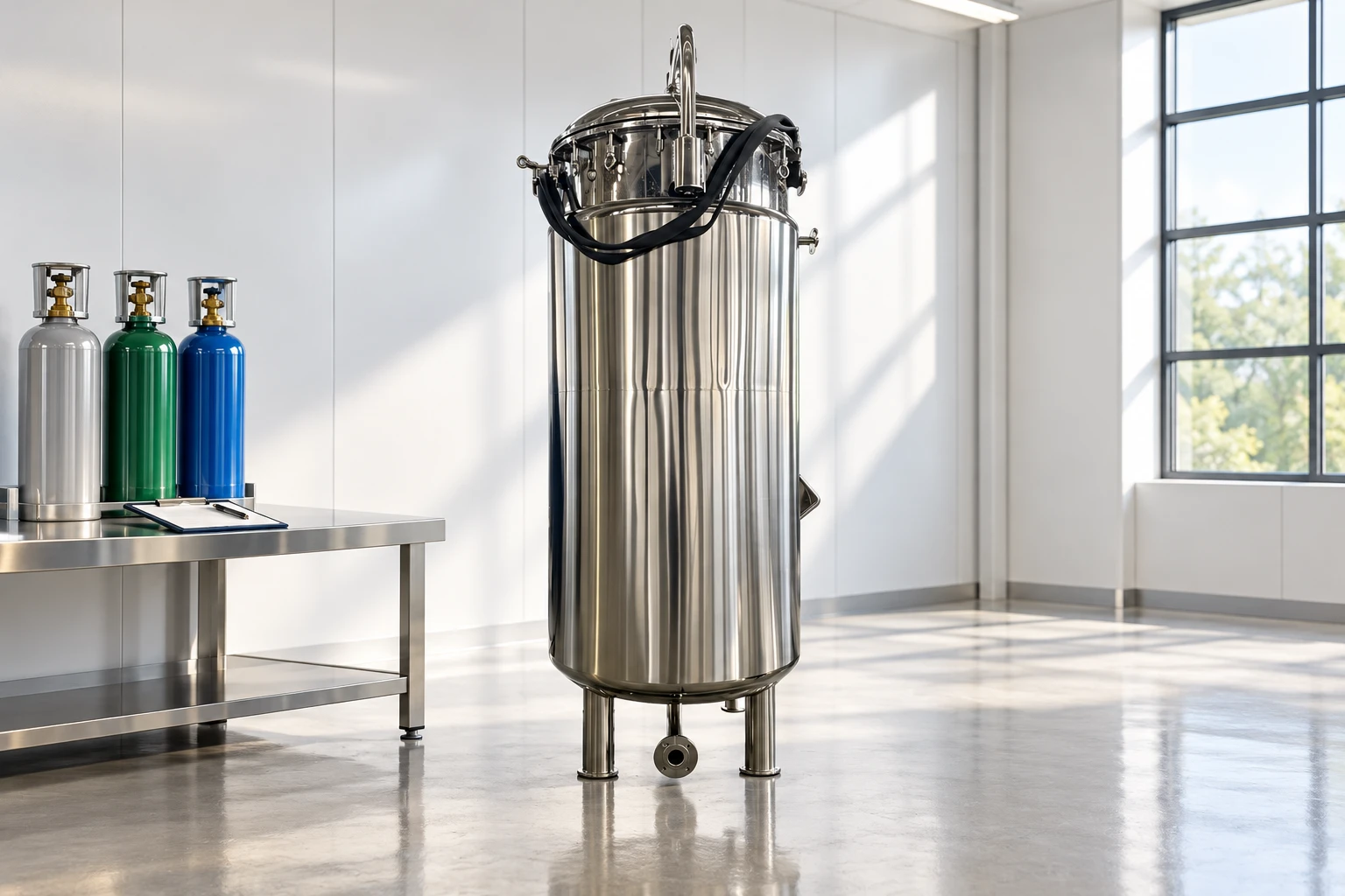 Reference fermenter beside separate sealed calibration-gas cylinders