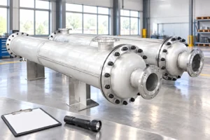 Closed reference shell-and-tube exchangers beside an inspection clipboard