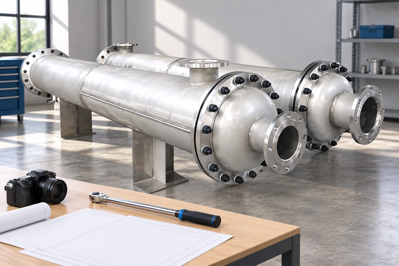 Closed heat exchangers beside a separate assembly review desk