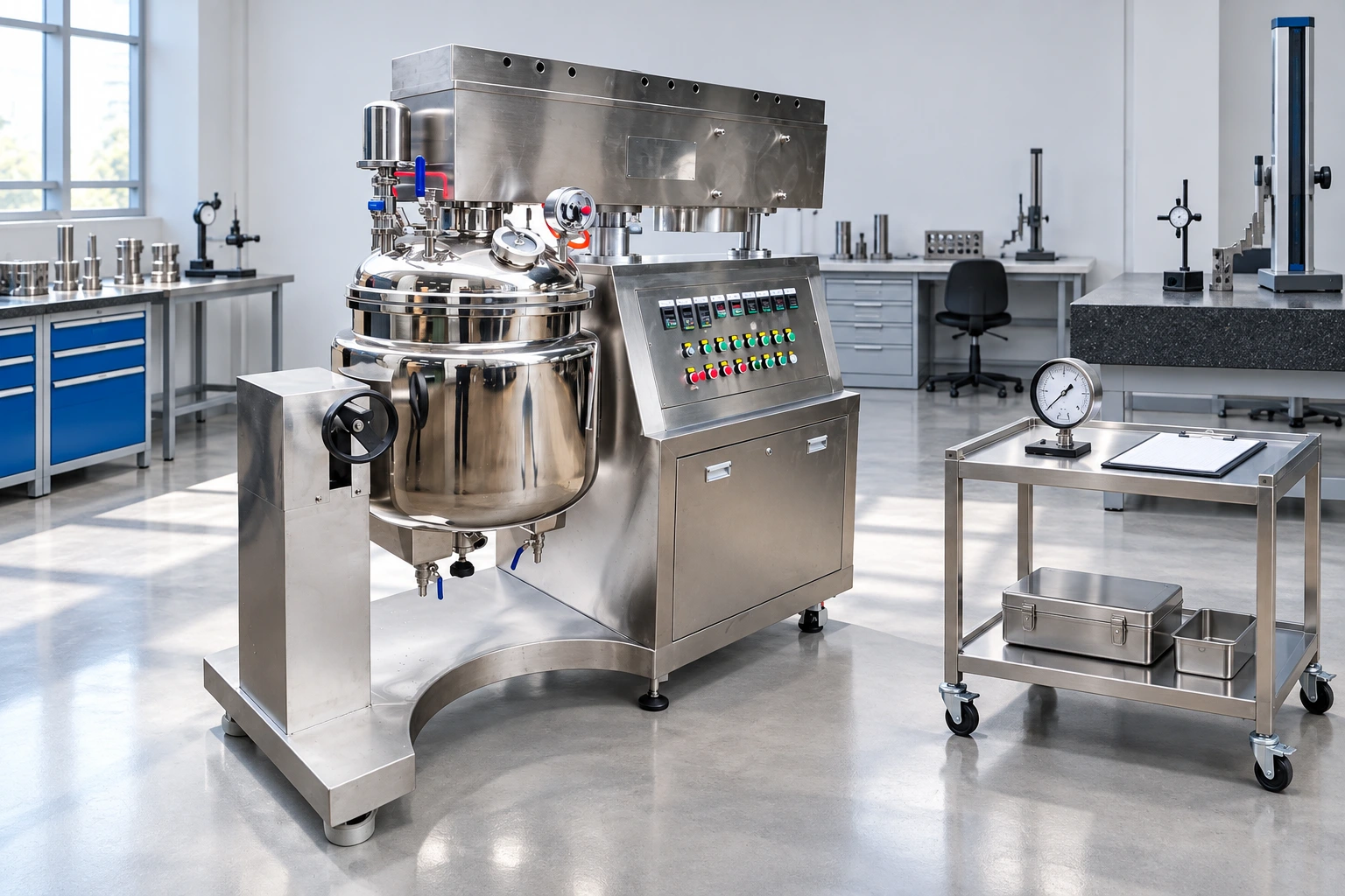 Reference vacuum homogenizer beside a separate pressure-measurement planning cart