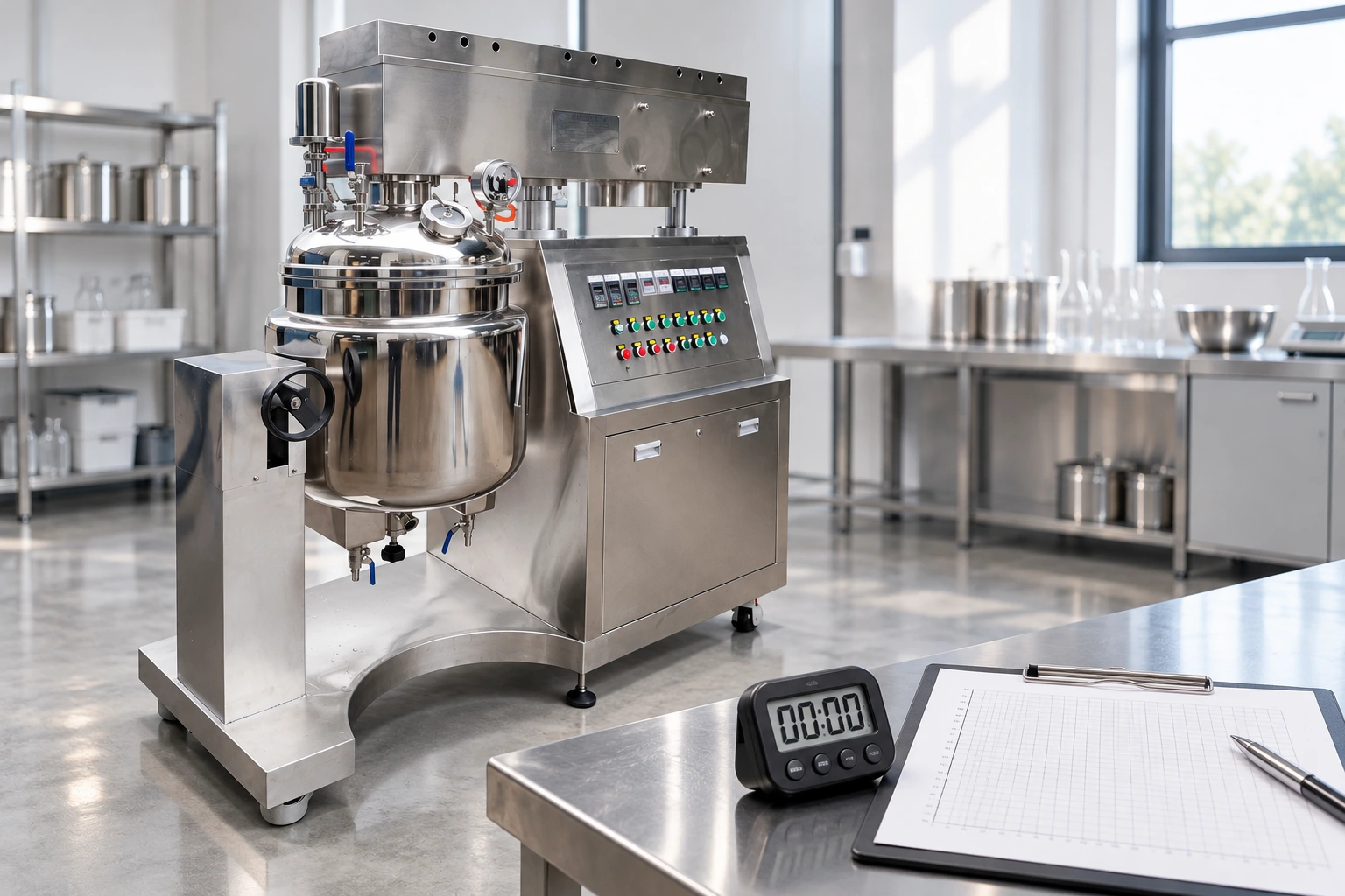 Reference vacuum homogenizer beside a timer and blank pressure log