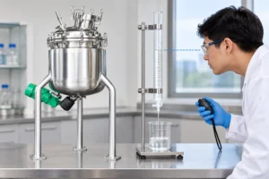Preparing a volume-and-time drawdown measurement beside a solution tank