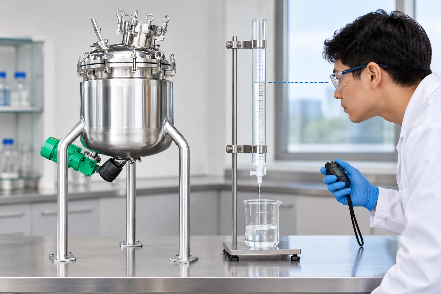 Preparing a volume-and-time drawdown measurement beside a solution tank