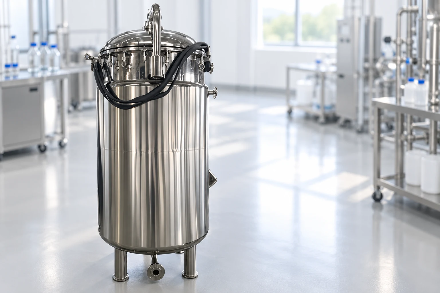 Vertical polished fermenter in a bright laboratory