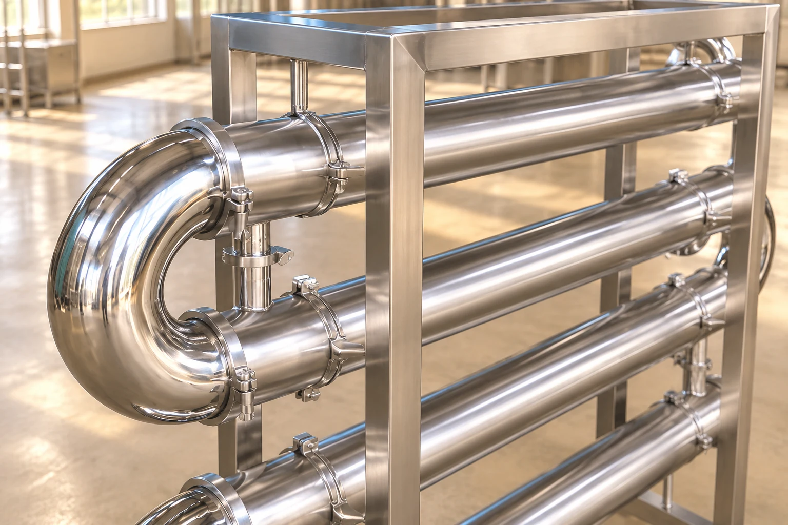 Close view of a sanitary return bend and its clamp connections