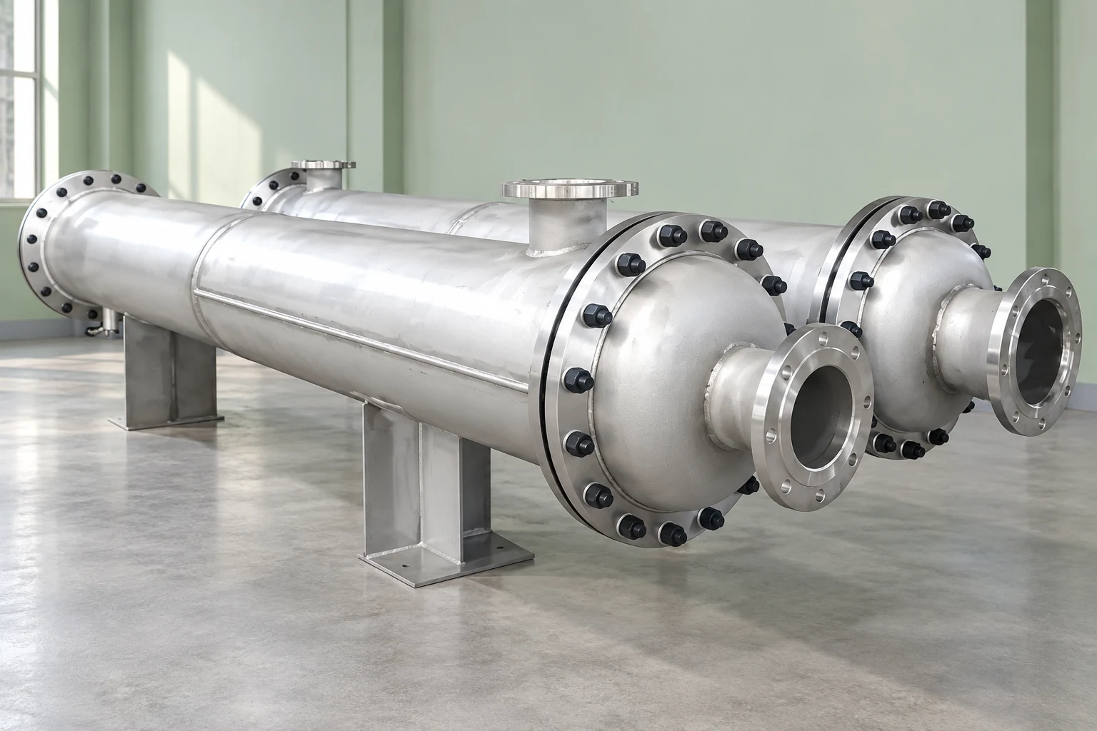 Horizontal fixed-tube-sheet exchanger in a pale green inspection room