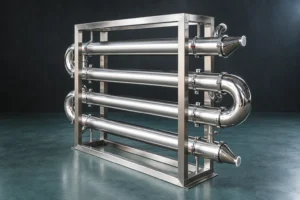 Four-pass sanitary tubular exchanger rack against a dark studio wall