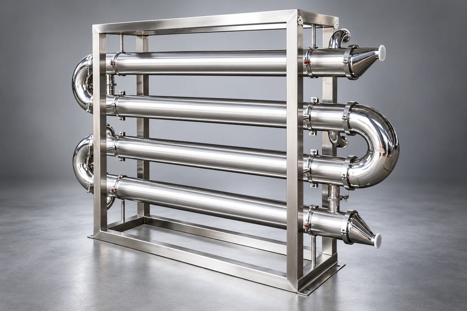 Sanitary multi-pass tubular exchanger on a neutral background
