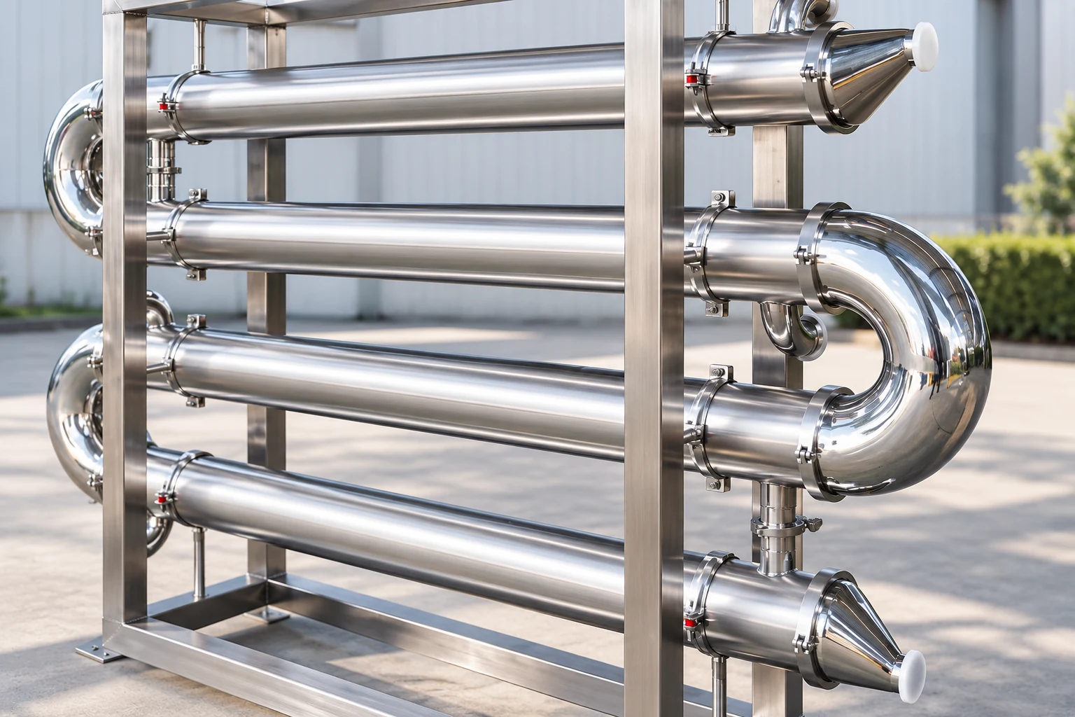 Close view of tubular exchanger return bends in daylight