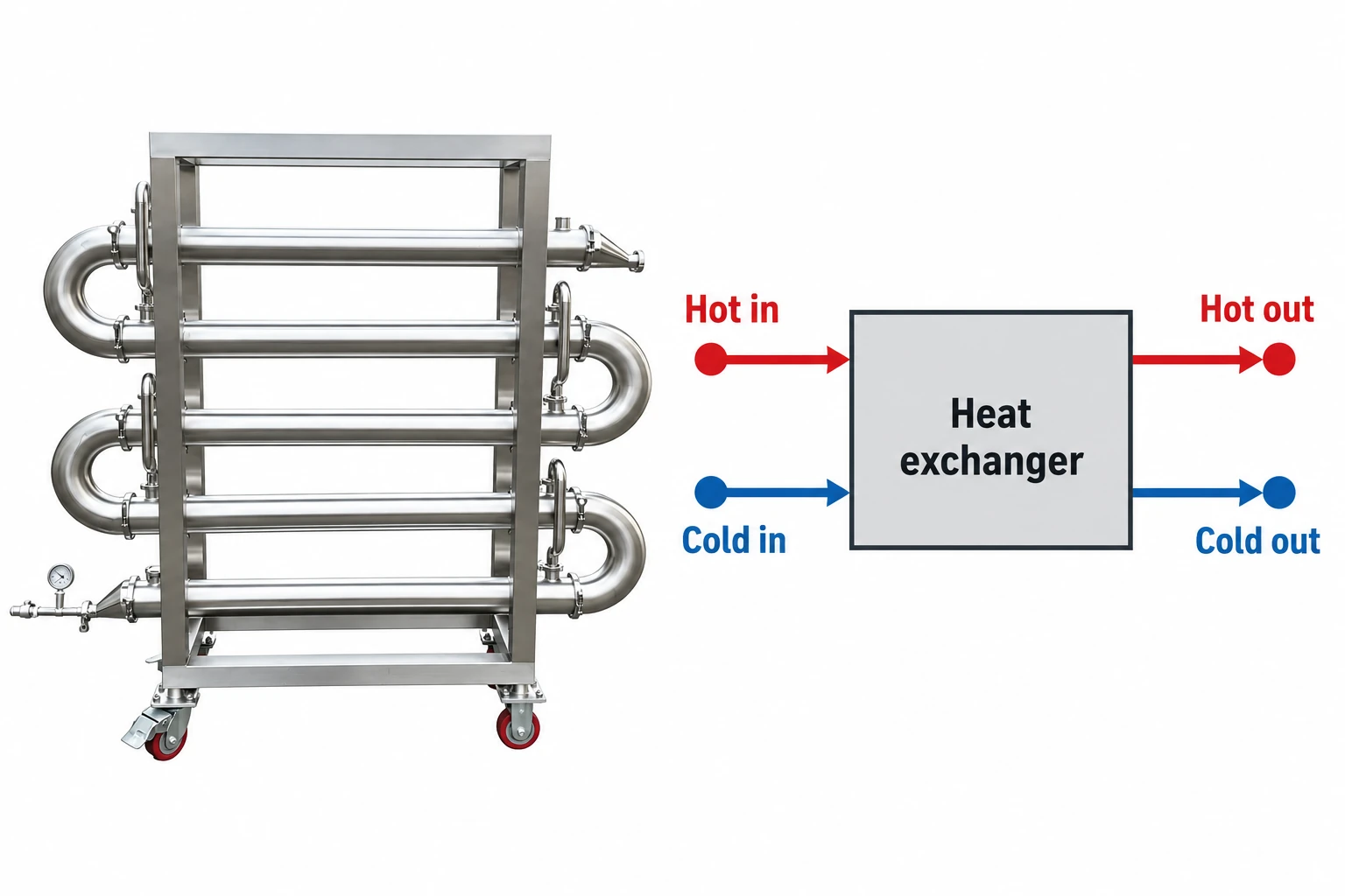 Four temperature measurement points for a two-stream heat-exchanger balance