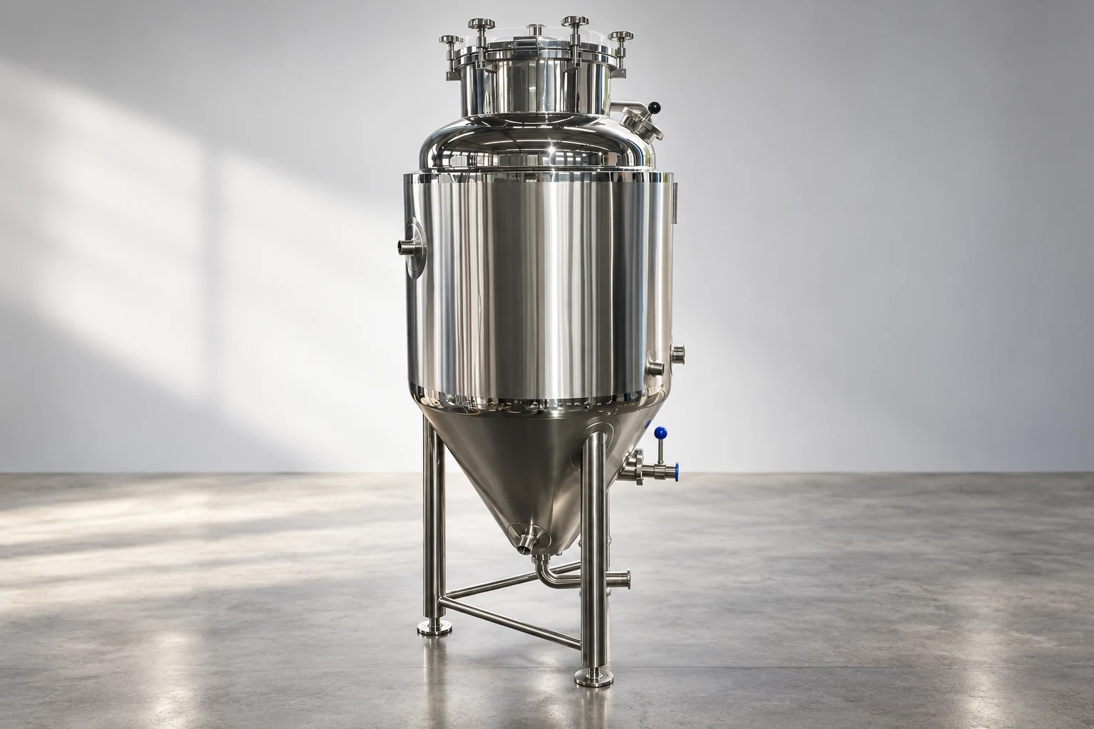Conical stainless steel fermentation tank with support legs