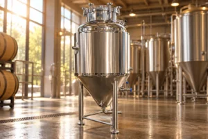Conical fermentation vessel in a warmly lit brewery