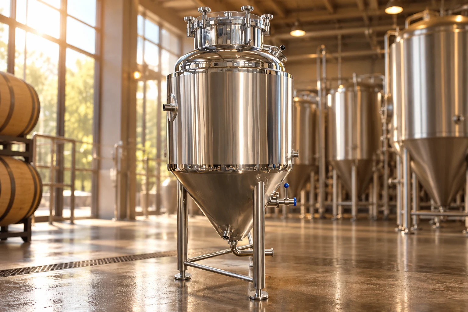 Conical fermentation vessel in a warmly lit brewery